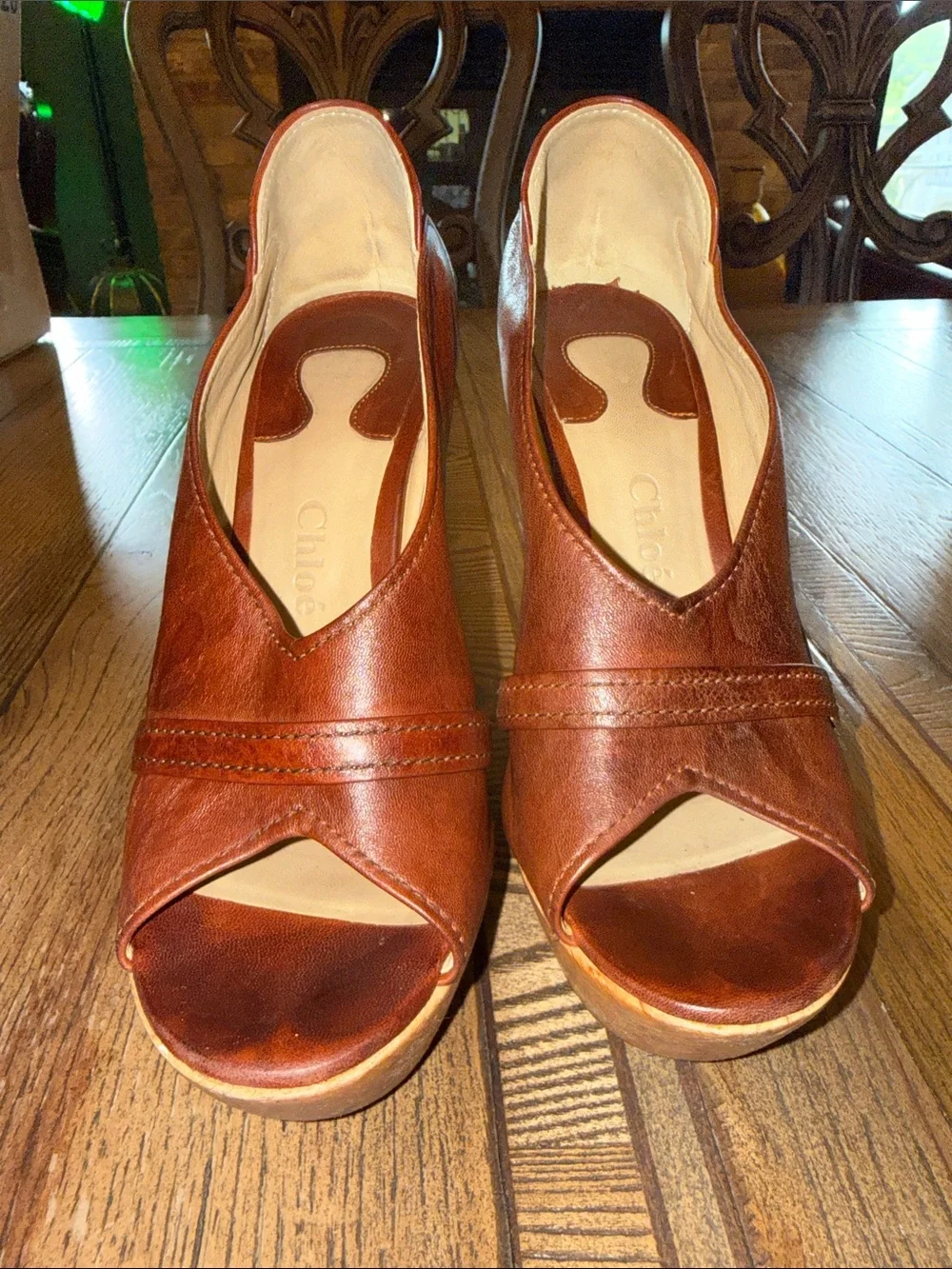 Chloe Brown Leather and Lucite Peep-Toe Chunky Platform Heels 2010